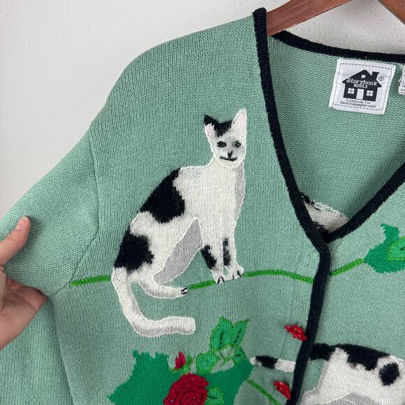 Storybook Knits Green Cats & Roses Cardigan - Picture 2 of 9